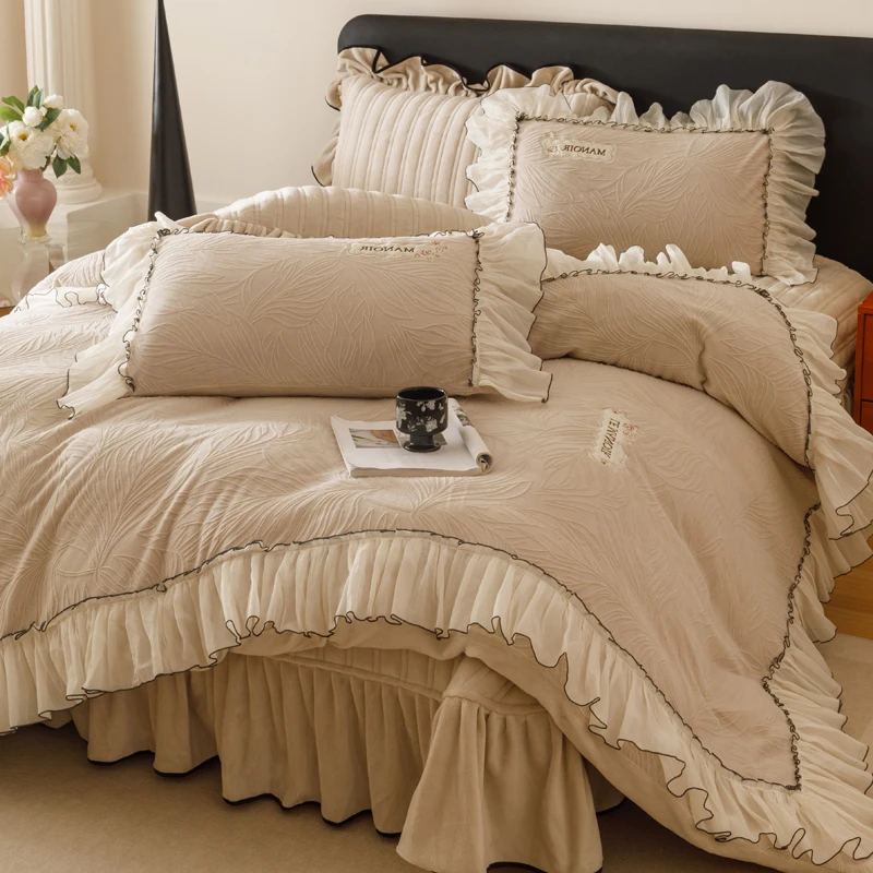 水星高端适用家纺法式冬季美拉德加厚牛奶绒四件套公主风雕花蕾丝
