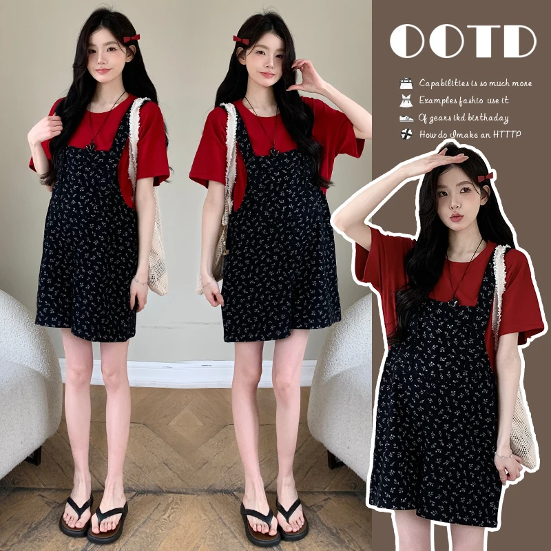 孕妇时髦背带裤2025夏季新款背带裤显瘦短裤上衣两件套孕妇套装