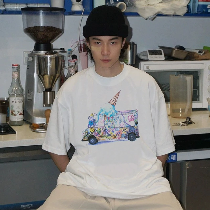 新款T笑脸冰淇淋车潮牌男女同款宽松纯棉百搭高街FOG短袖T恤DREW