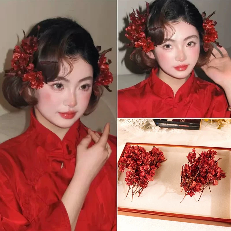 SG320小众新中式新娘头饰永生花仿真发饰复古旗袍晨袍婚礼服饰品