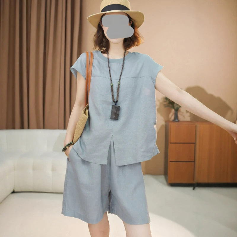 女士夏季套装2025新款时尚减龄宽松休闲显瘦圆领上衣短裤子两件套