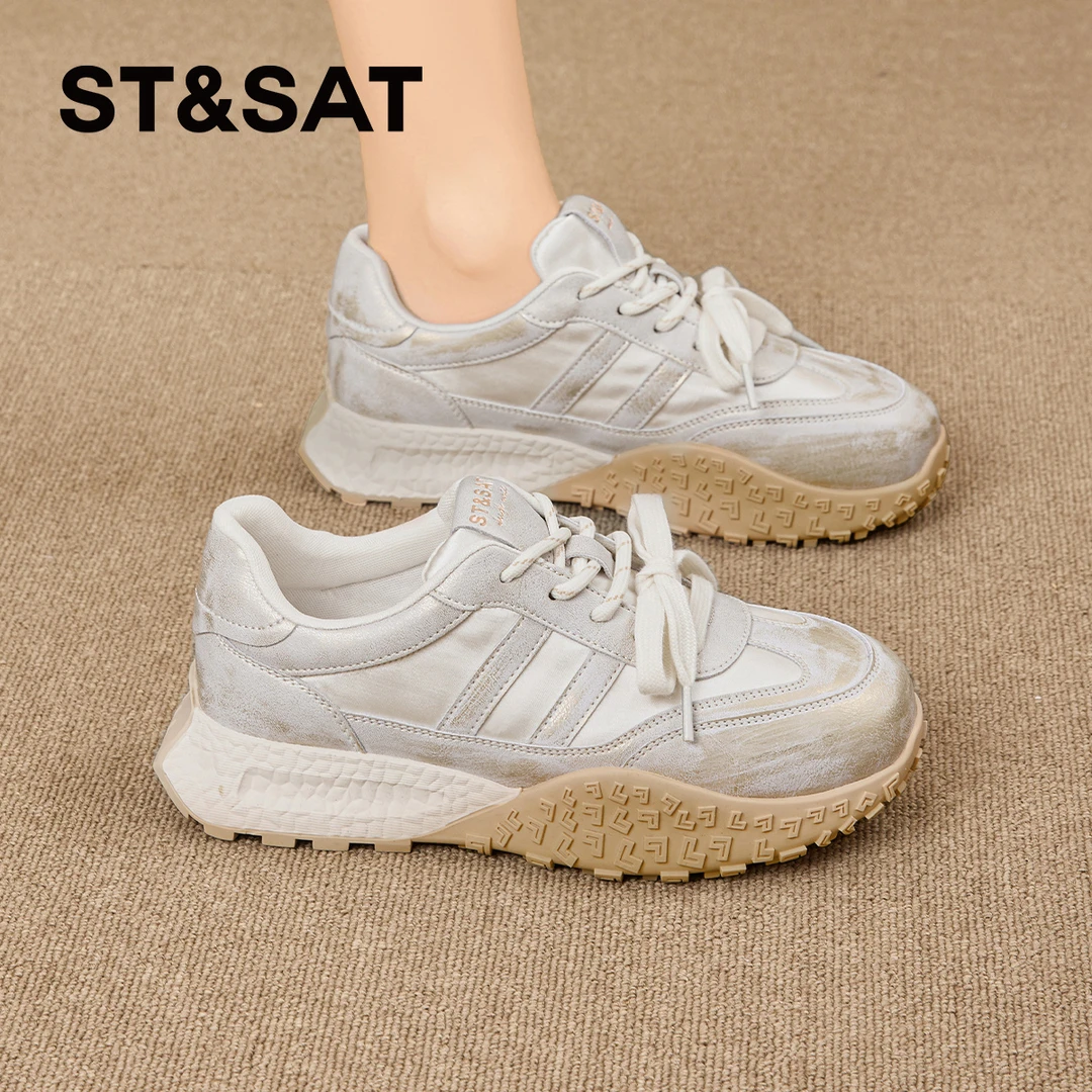 星期六复古做旧德训鞋2025春季新款增高女鞋轮胎厚底擦色阿甘鞋子