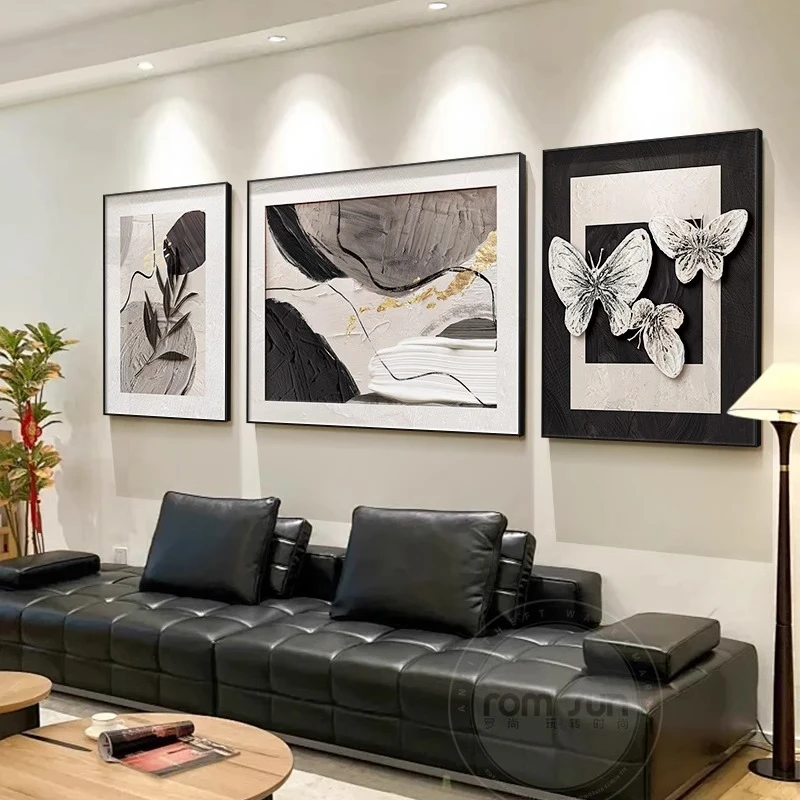 简约现代客厅亮面装饰画抽象蝴蝶黑白风三联壁画高级感沙发挂画