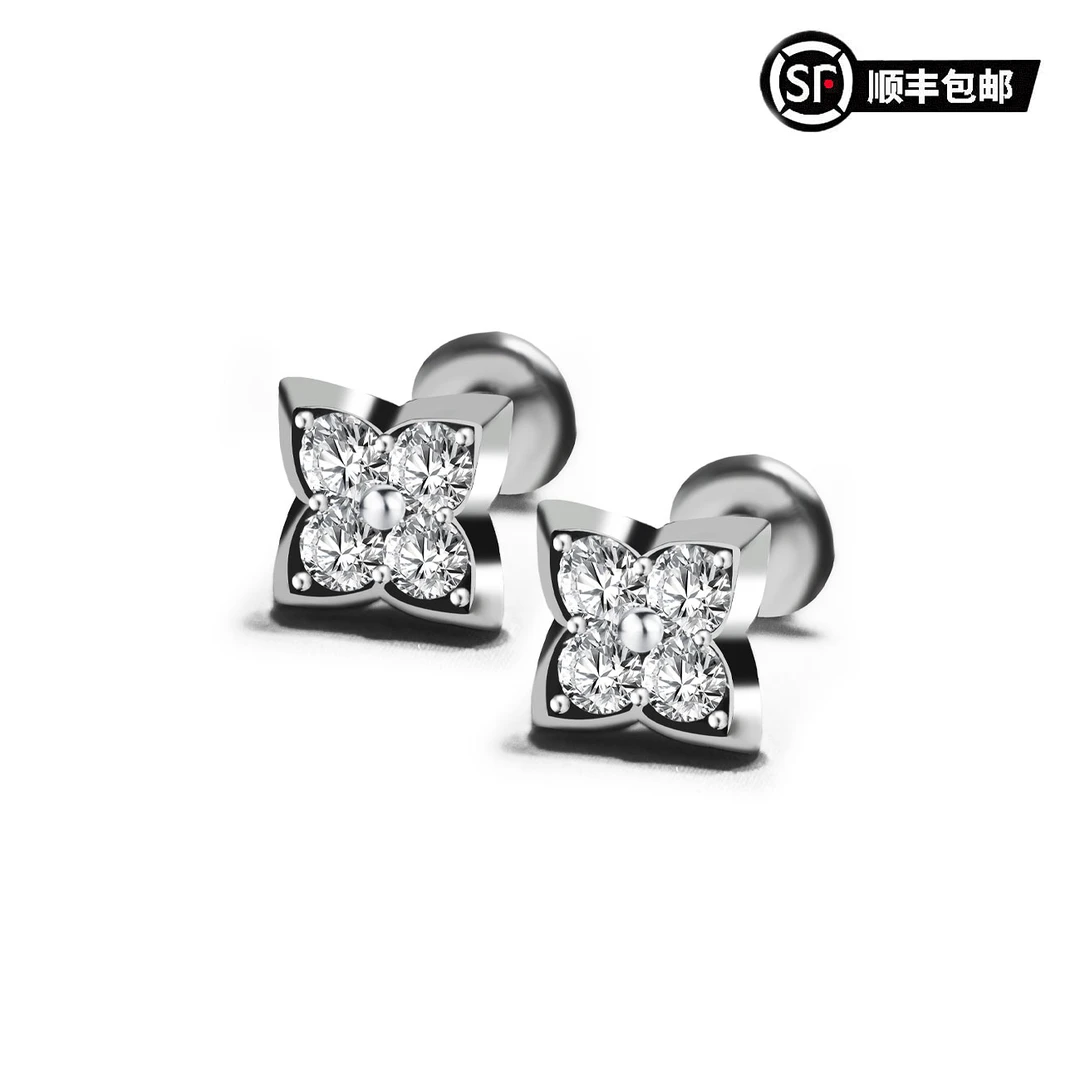 925银莫桑石耳饰 WIC 古琵琶十字老花高定飞盘耳堵耳钉