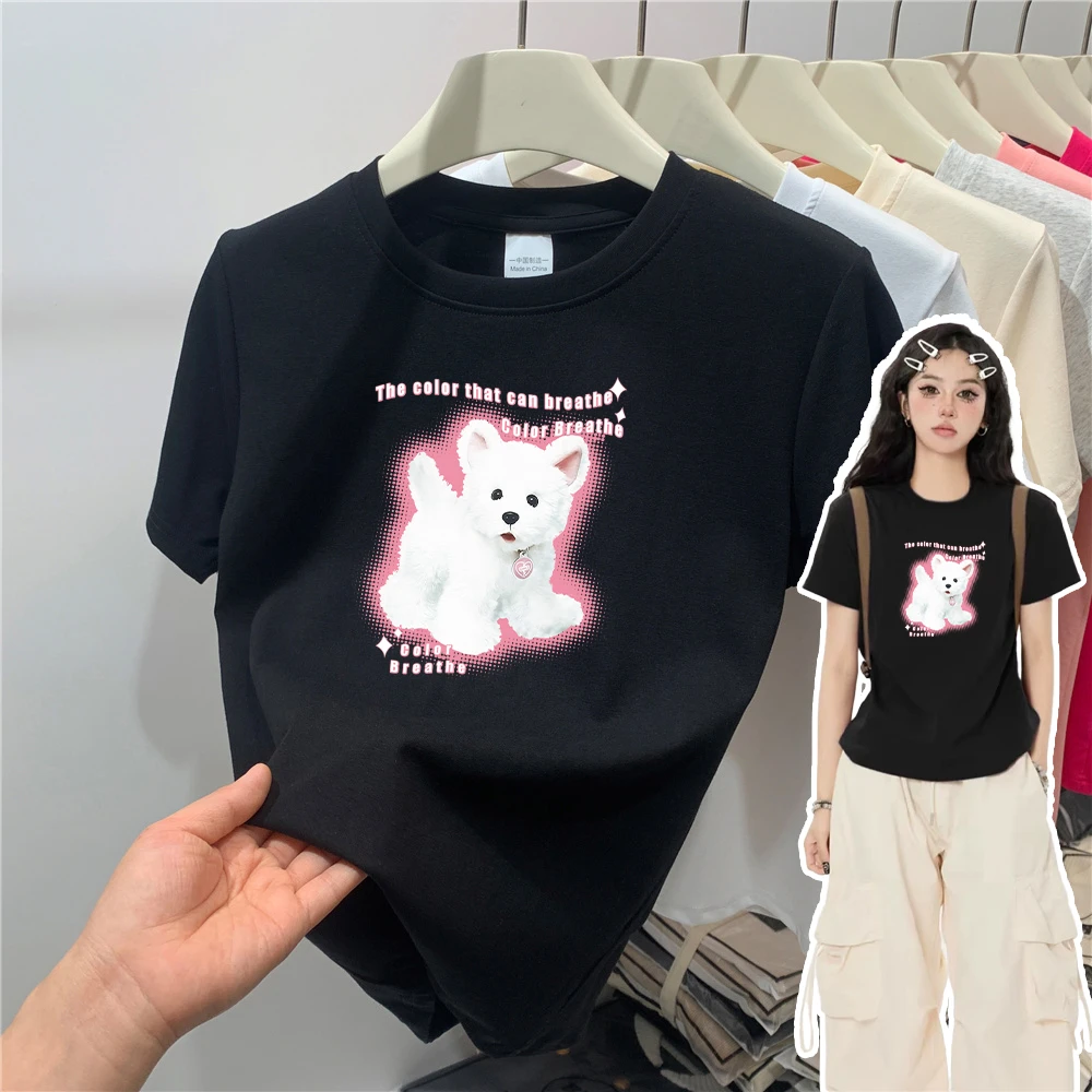 正肩显瘦显白短袖T恤女装设计感打底纯棉百搭卡通印花ins圆领上衣