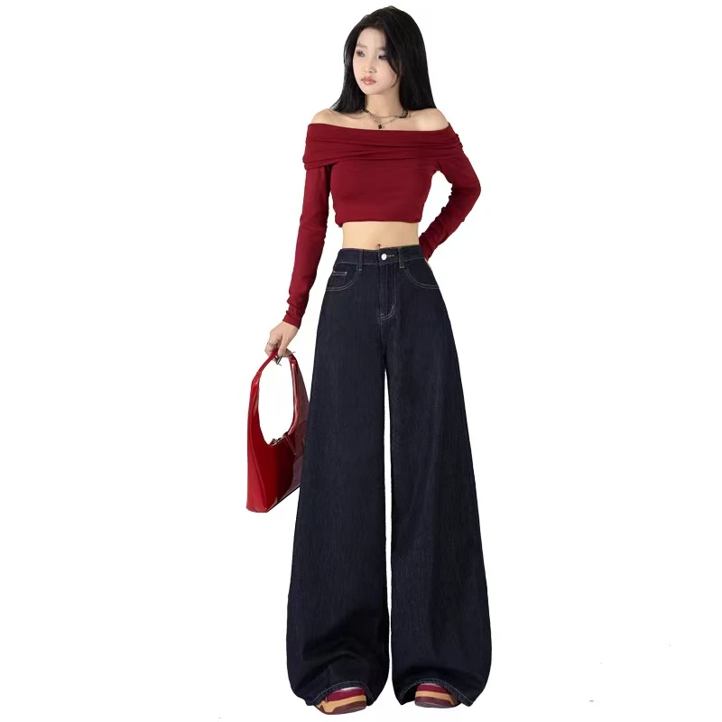 深蓝色复古垂感阔腿牛仔裤女2025爆款高腰宽松休闲直筒拖地长裤子
