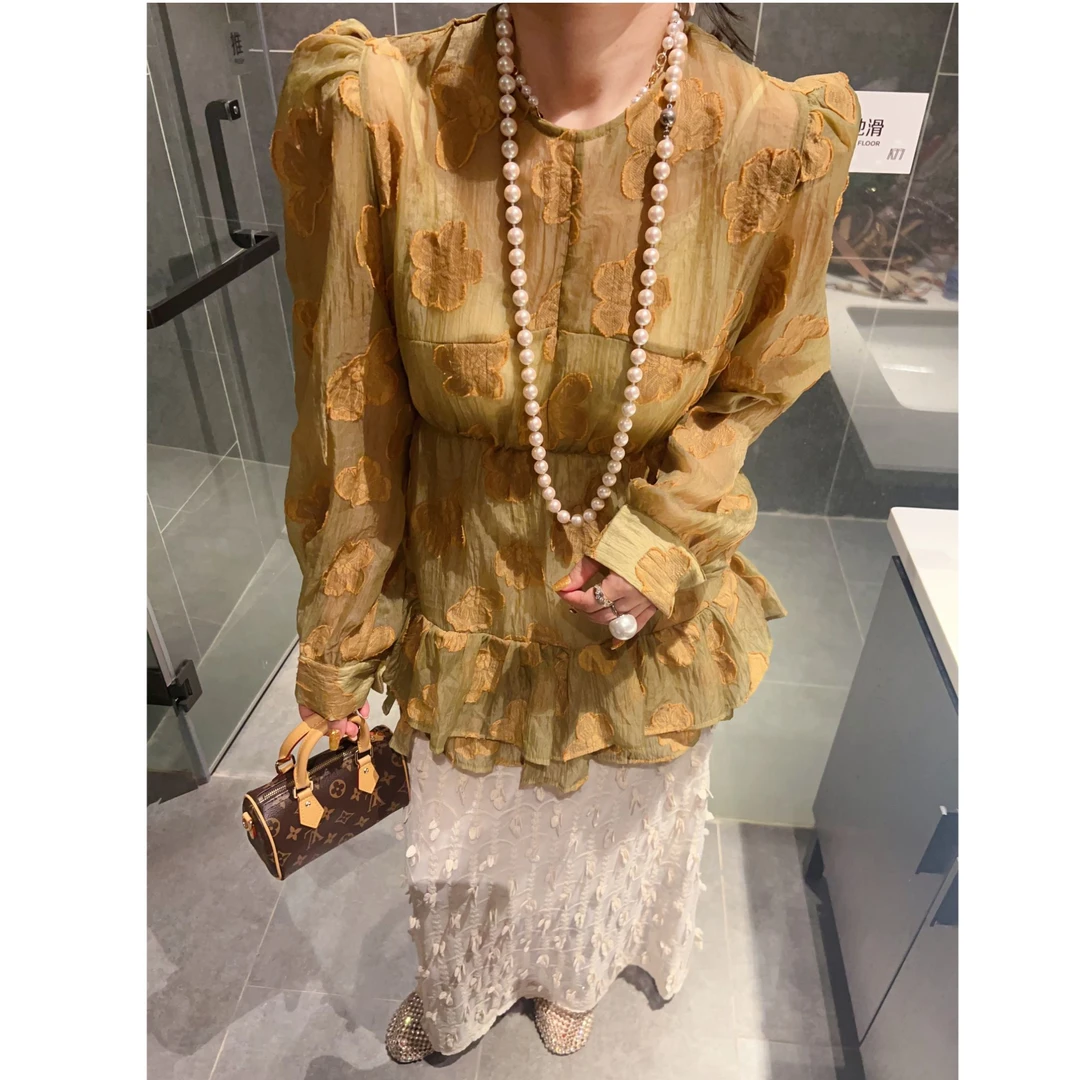 法式浪漫碎花雪纺衫女士夏季轻薄收腰遮肚子显瘦精致长袖上衣