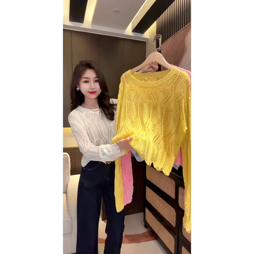 镂空花纹长袖镂空针织衫夏季套头设计感软糯柔软镂空衫
