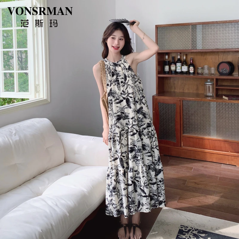 水墨印花挂脖连衣裙女2025夏季新款气质高级感沙滩裙海边度假长裙