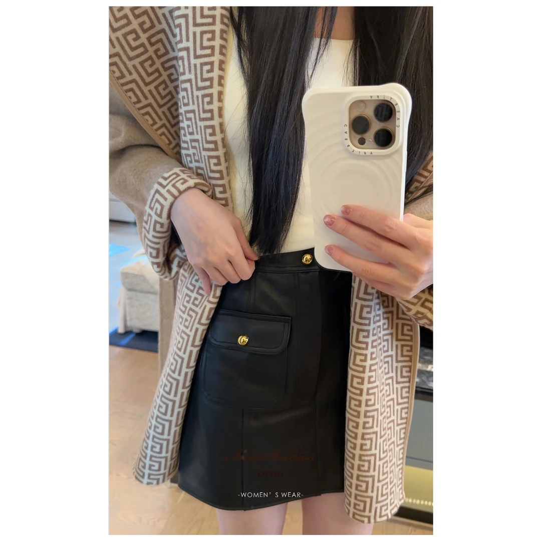 Innstudios 金扣真皮半身裙