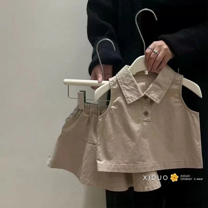 童装女童学院风套装2025夏季女宝洋气休息翻领无袖上衣半裙两件套