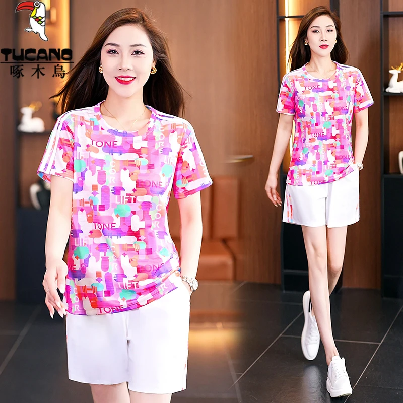 啄木鸟短袖短裤冰丝运动服套装女夏季2025新款透气薄款休闲两件套