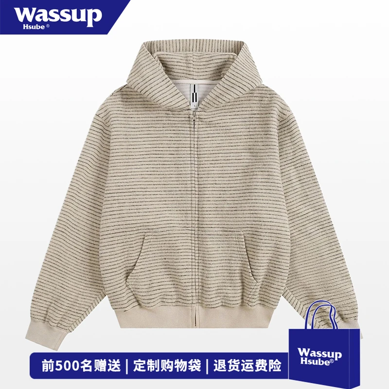 WASSUP HSUBE美式条纹纯色开衫连帽卫衣男女秋冬休闲百搭拉链外套