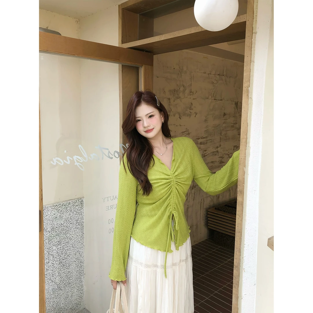 QC【清新律动】微胖大码春季显瘦可调节抽褶长袖针织衫XS502D34