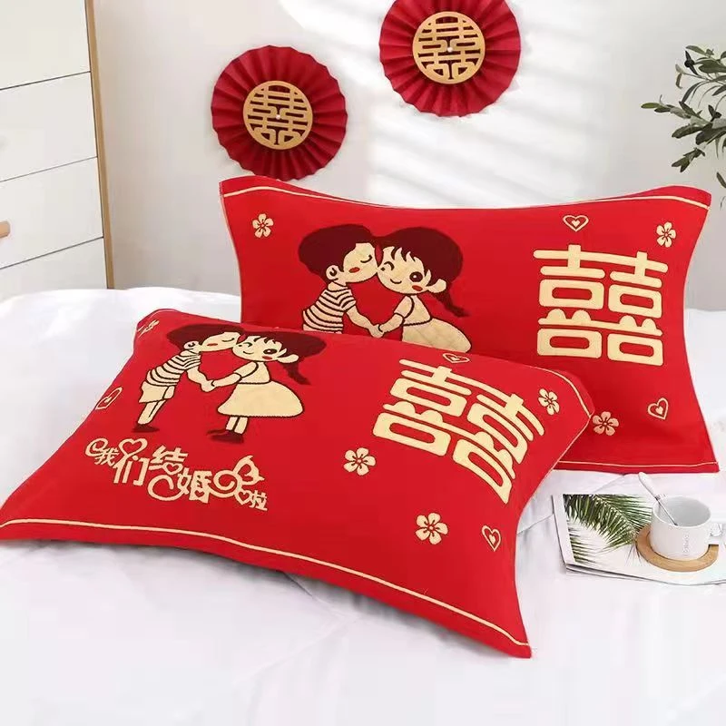多层纱布枕巾结婚回礼枕套陪嫁枕巾大红婚庆喜字专用棉纱布