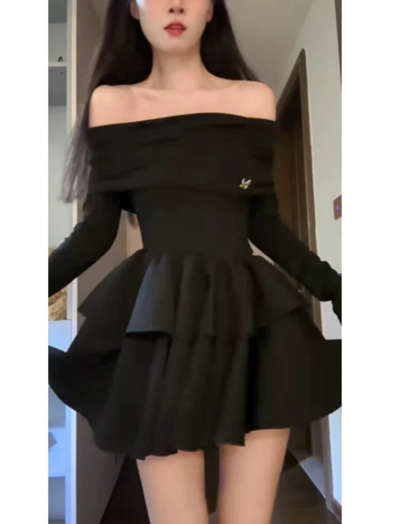 一字肩长袖连衣裙黑色收腰蛋糕裙-3361