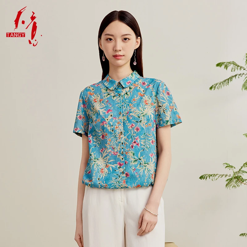 TANGY/天意2025夏季欧若新中式复古印花休闲上衣女士衬衫W252021