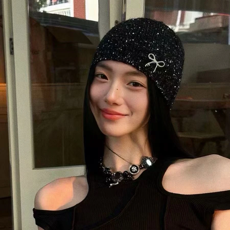Jennie同款蝴蝶结亮片香香包头冷帽秋冬时尚韩版显脸针织套头帽子