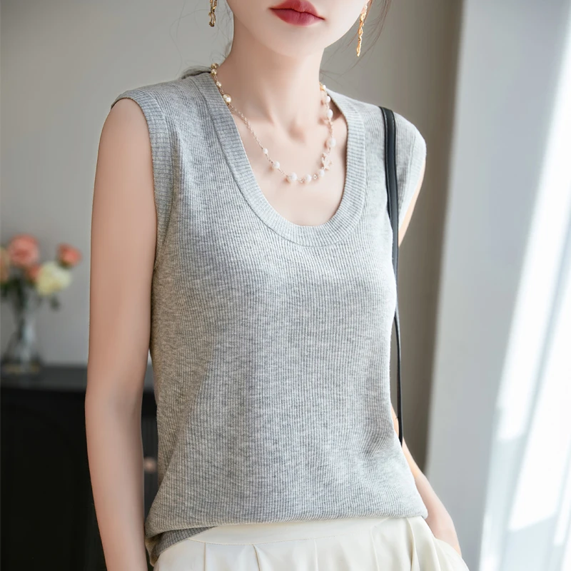 夏季新款U领调单背心女纯色百搭打底衫圆领无袖内搭T恤显瘦上衣