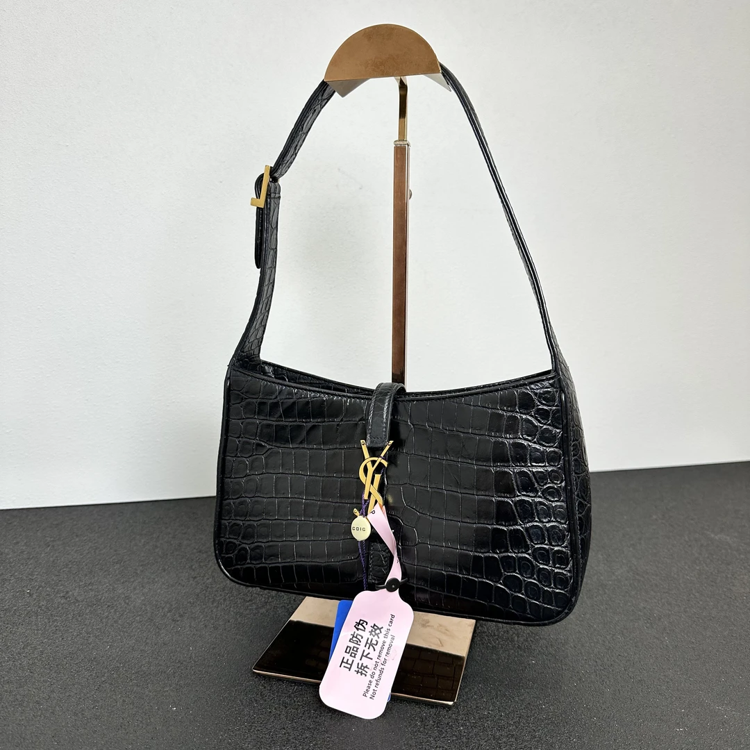 99新 YSL/圣罗兰 壹所/YSL hobo 鳄压纹 小号 黑金 单肩斜挎包 海