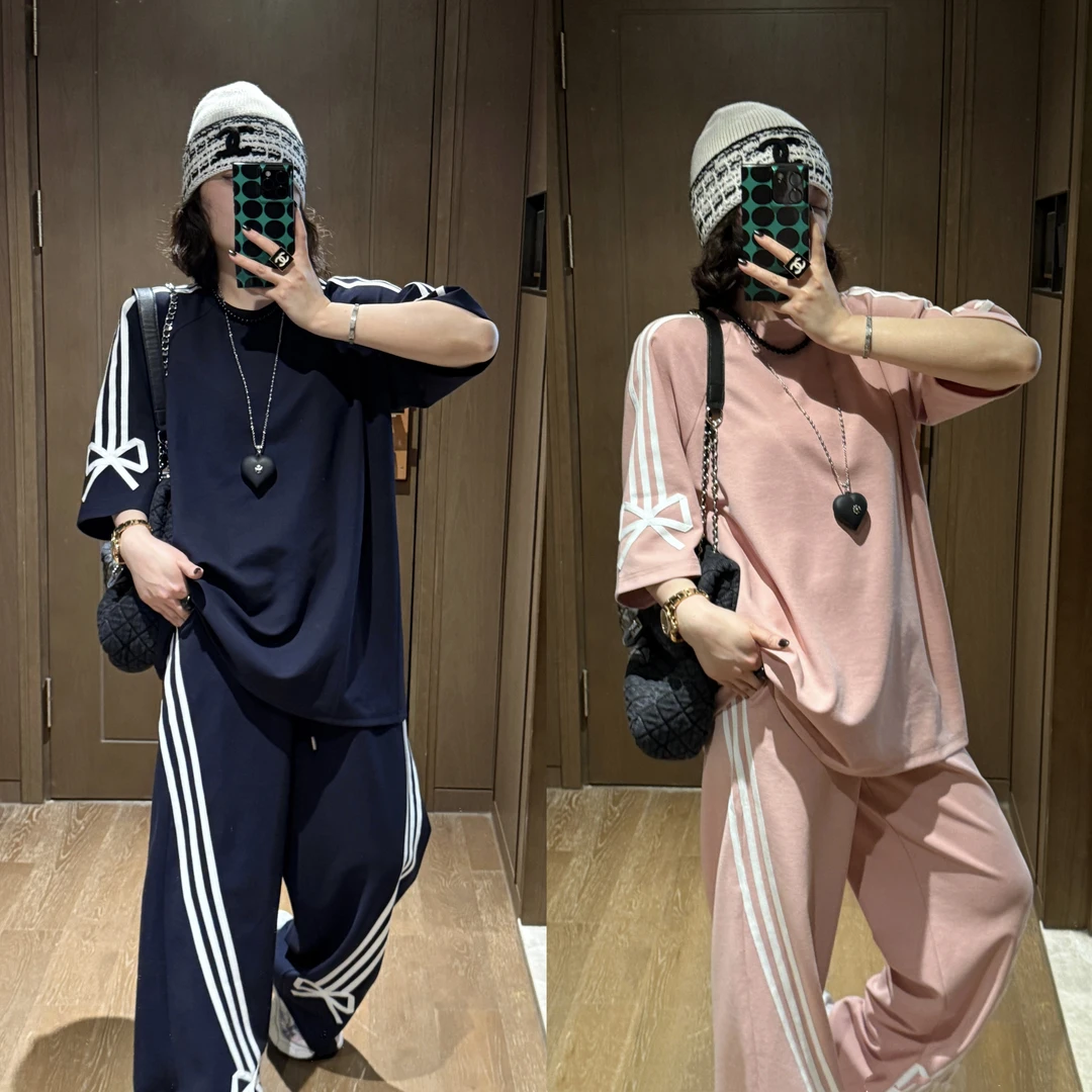 YDFSTUDIO小众【极夜魅影】欧货高品侧条纹蝴蝶结设计上衣+裤子套装