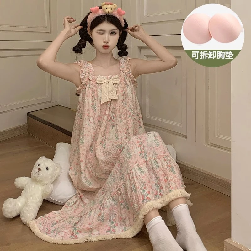2025新款夏季吊带睡裙泡泡棉薄款甜美花朵流苏家居服背心连衣裙