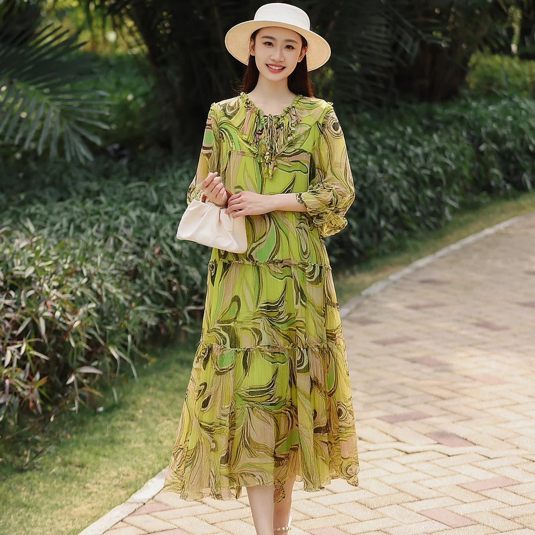 拜占庭的森林绿色印花简约百搭显瘦女士透气宽松气质桑蚕丝连衣裙