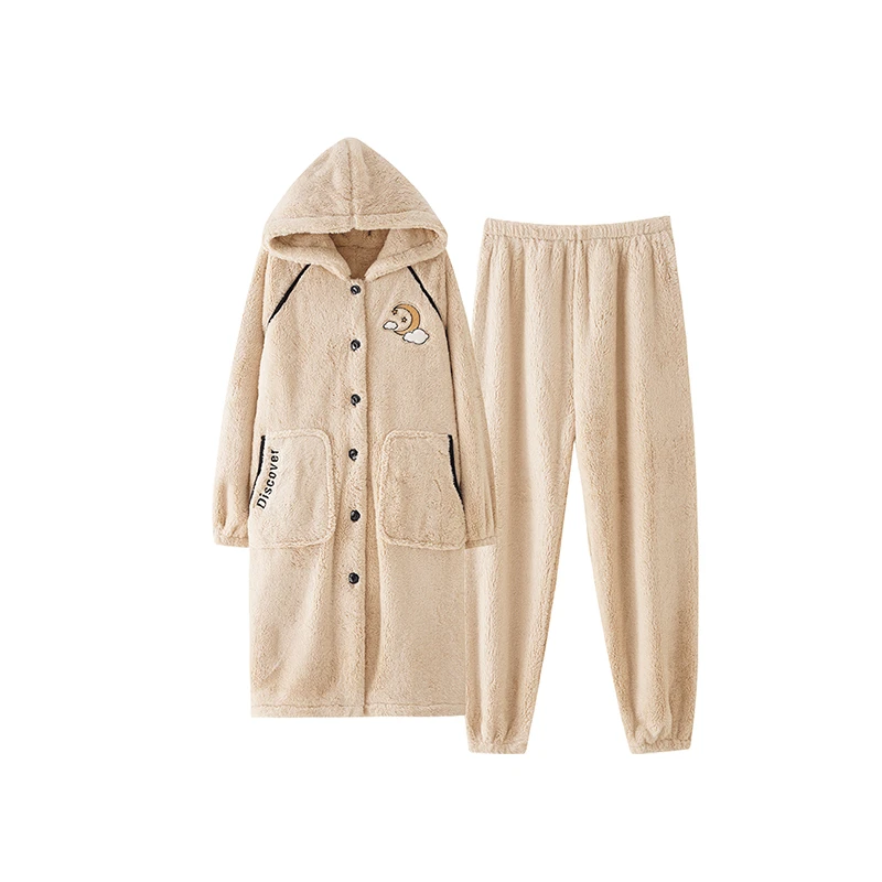 沁婧珊瑚绒情侣睡袍冬季女加绒加厚睡衣长款可外穿家居服套装男