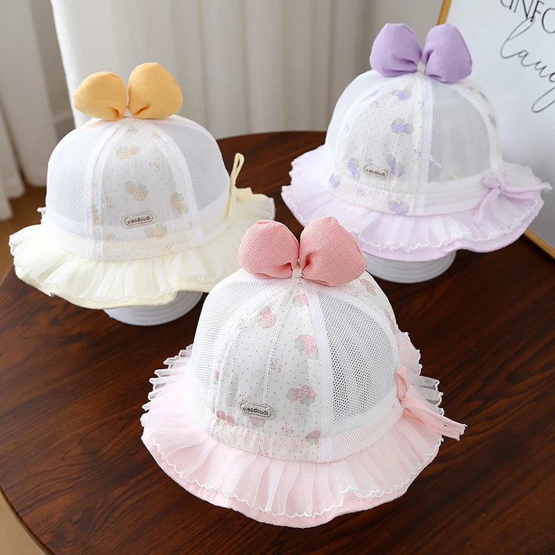 女宝宝帽子夏薄款婴儿外出防晒渔夫帽可爱超萌遮阳帽透气网眼盆帽
