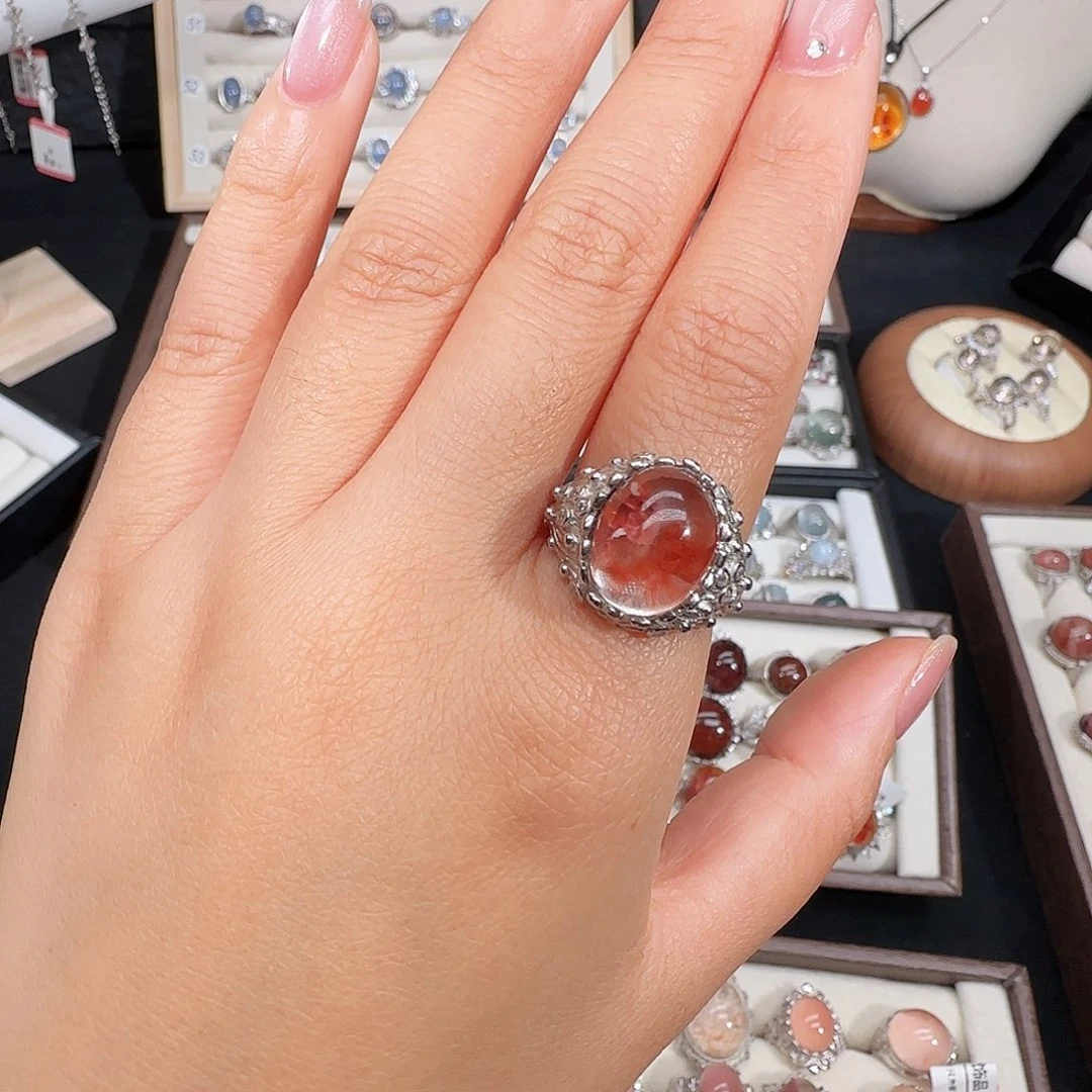 圆***饼大理石纯铜红兔毛戒指