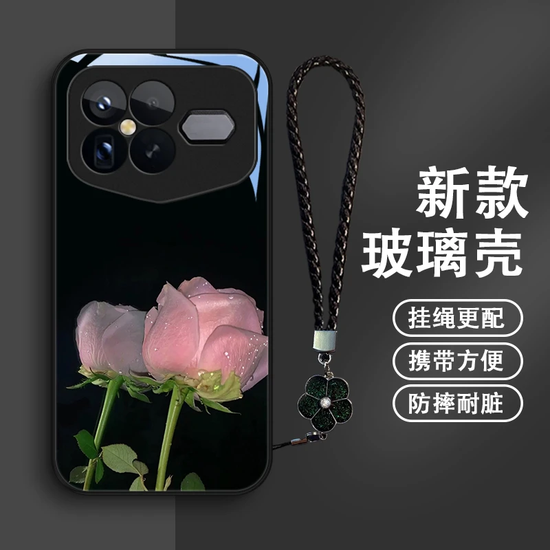 清雅花朵适用红米K90ProMax冠军版手机壳玻璃壳保护套女款防摔限