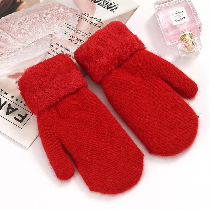 连指红色毛线针织手套女冬加厚学生韩版全指毛绒双层加绒保暖包指