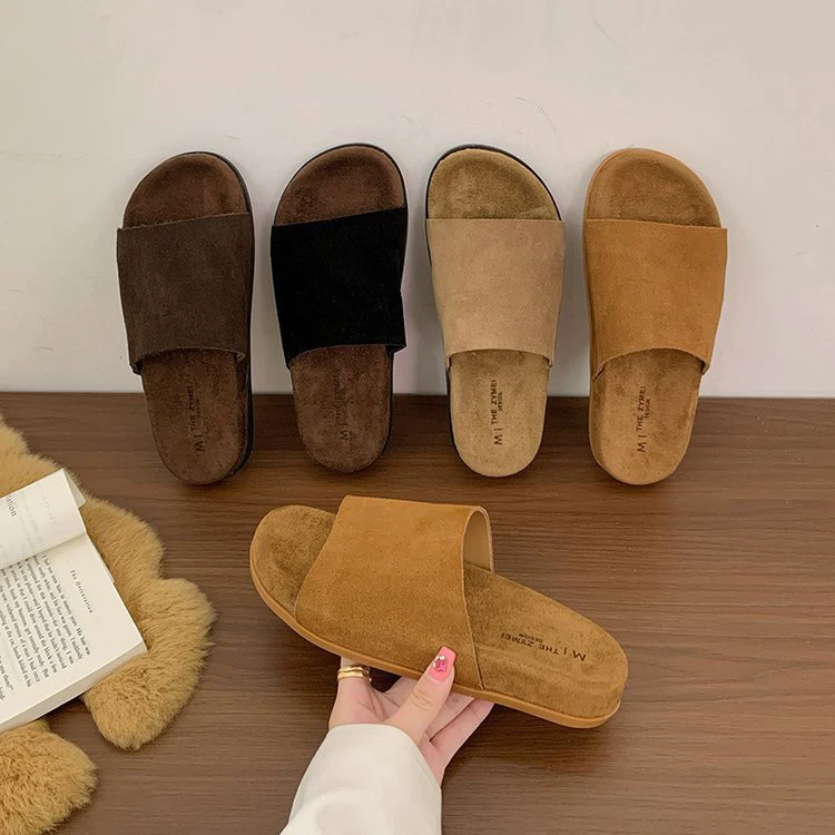 2025通用真皮复古新款一字平底拖鞋女外休闲时尚厚底舒适速干