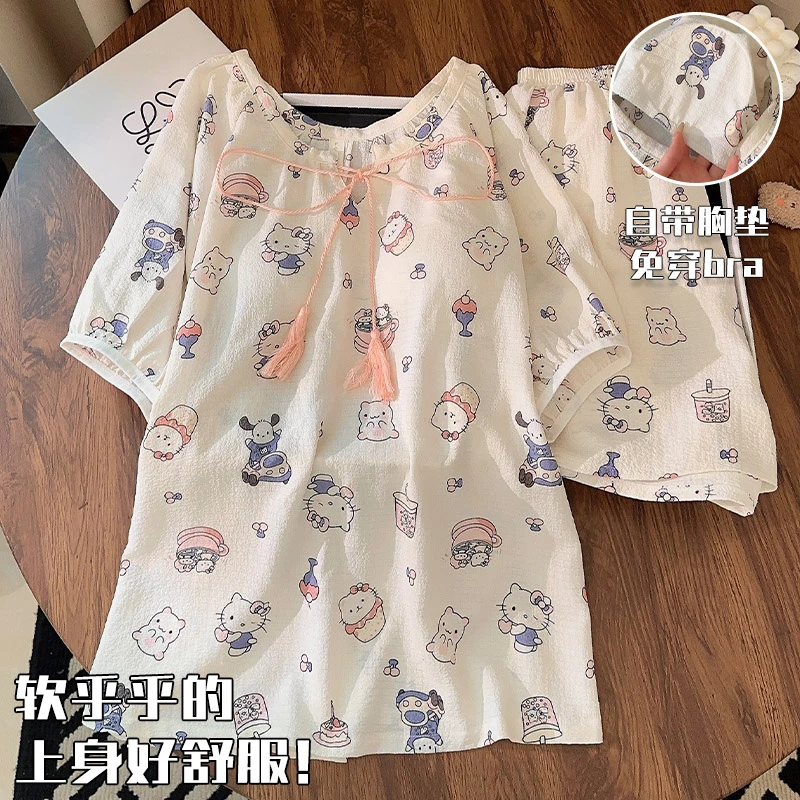 带胸垫睡衣夏季女短袖梭织棉KT猫夏天新款小个子学生家居服套装