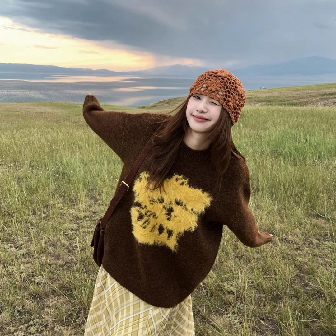 美式慵懒风宽松毛衣女秋冬季韩版高级感套头软糯毛绒绒针织衫上衣