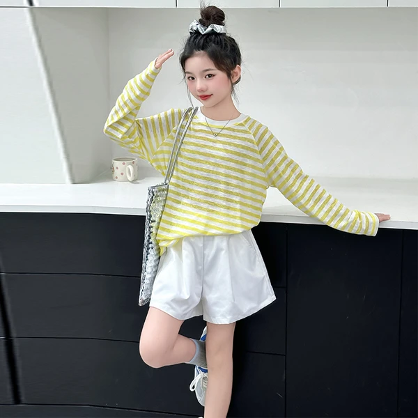 女童夏装防蚊长袖薄款海边度假防晒衣女宝宝宽松上衣短裤两件套潮