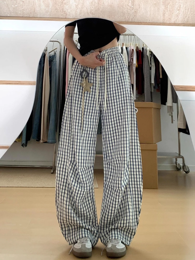 慵懒感格子休闲弯刀裤女秋季新款胖妹妹mm高腰宽松显瘦阔腿拖地裤