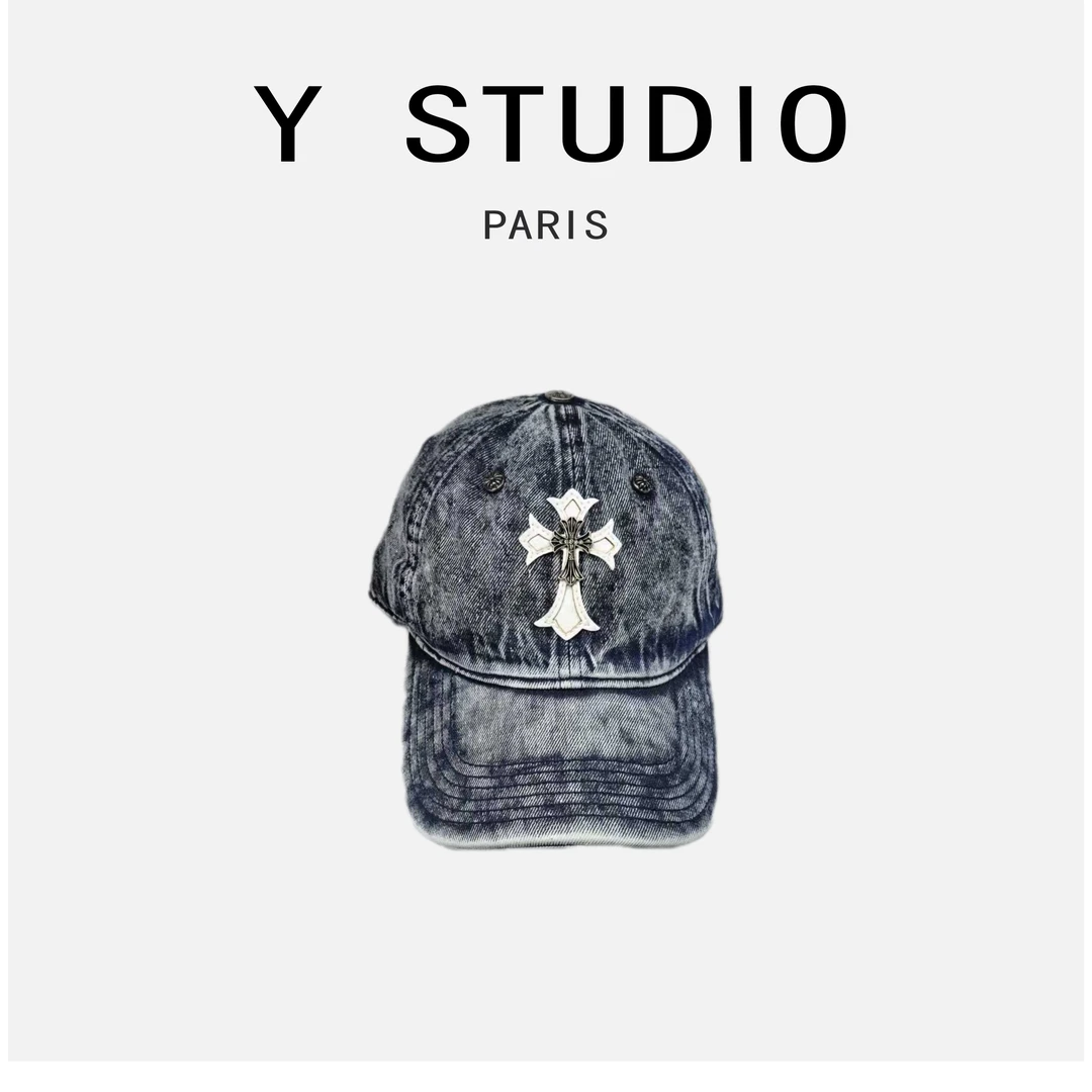 Y.STUDIO铆钉金属皮质拼接重水洗个性棒球帽大头可戴