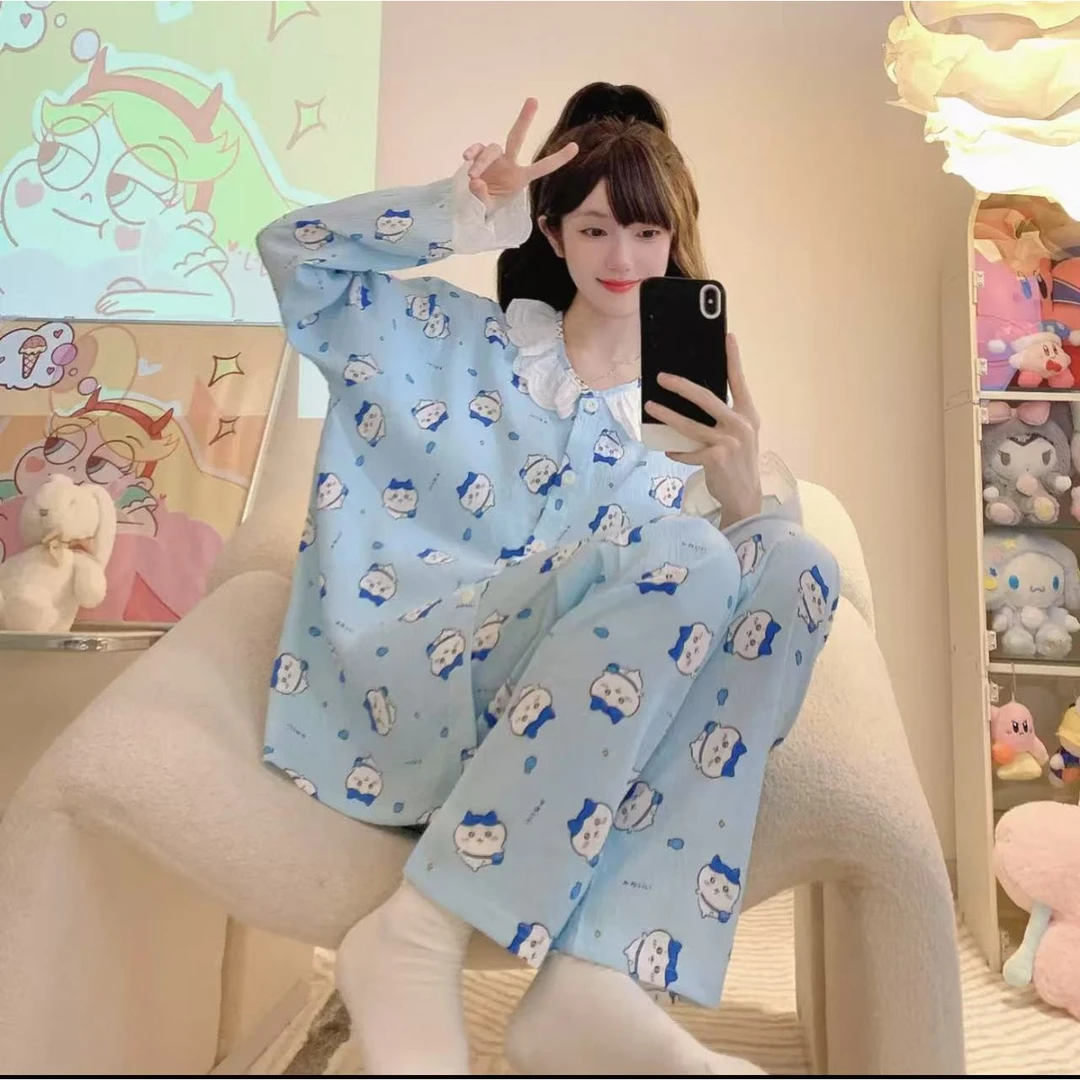 112-春秋新款蓝色满印花边乌萨奇长袖长裤带胸垫套装