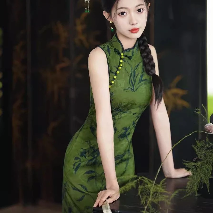 送考新中式日常无袖花色少女风旗袍优雅显瘦网红夏季墨绿