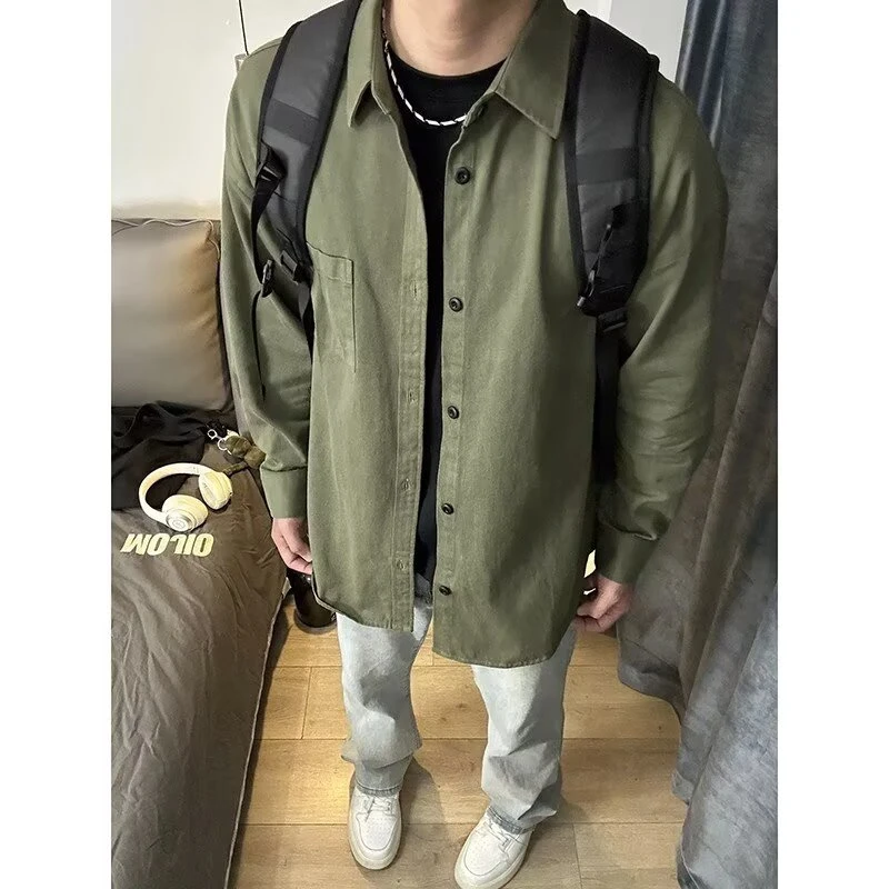2025春秋衬衫男宽松衬衣潮流设计感军绿色休闲时尚工装长袖外套
