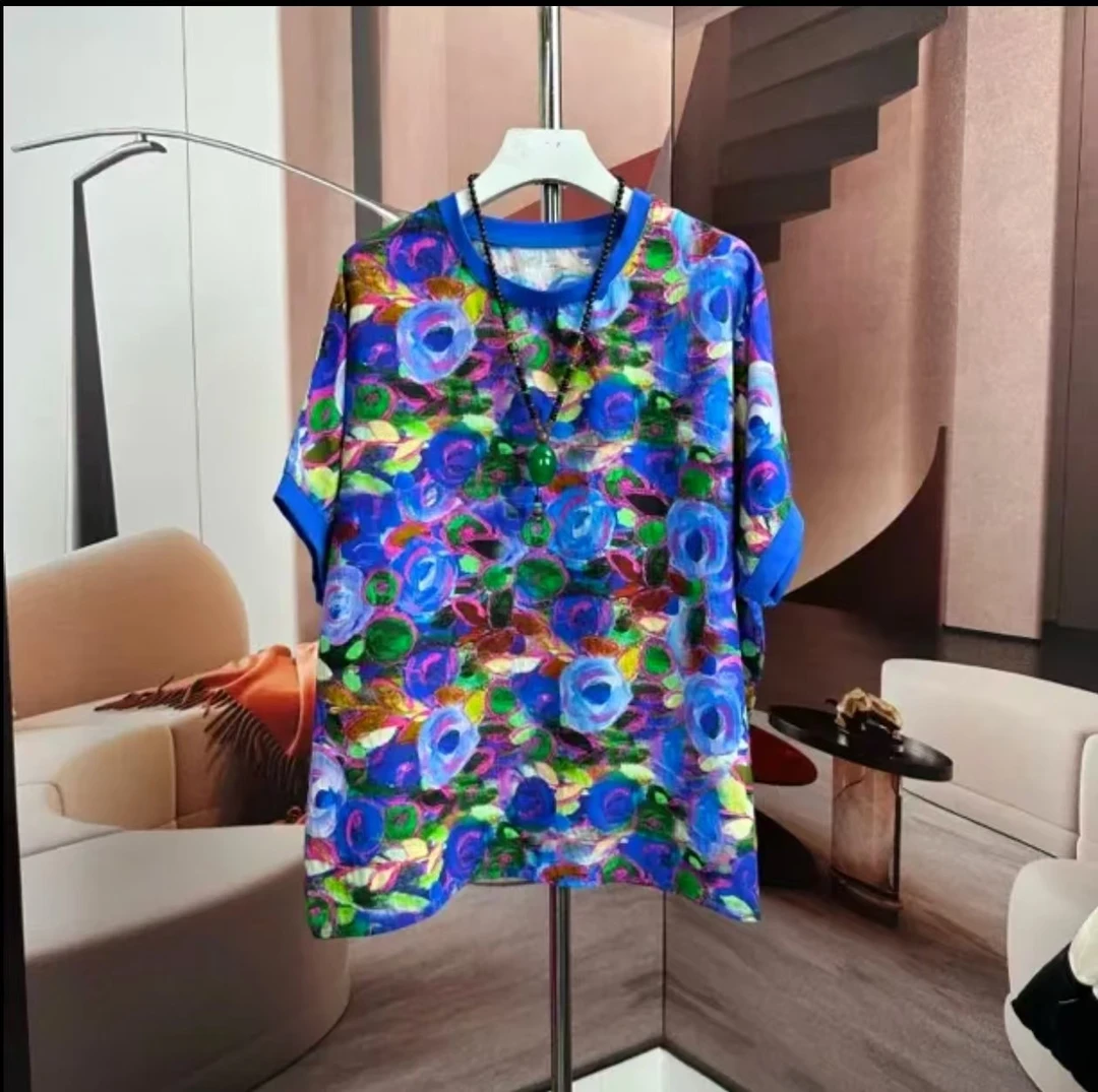 三色玫瑰花2025新款洋气宽松休闲装上衣碎花时尚百搭绿色女士夏季