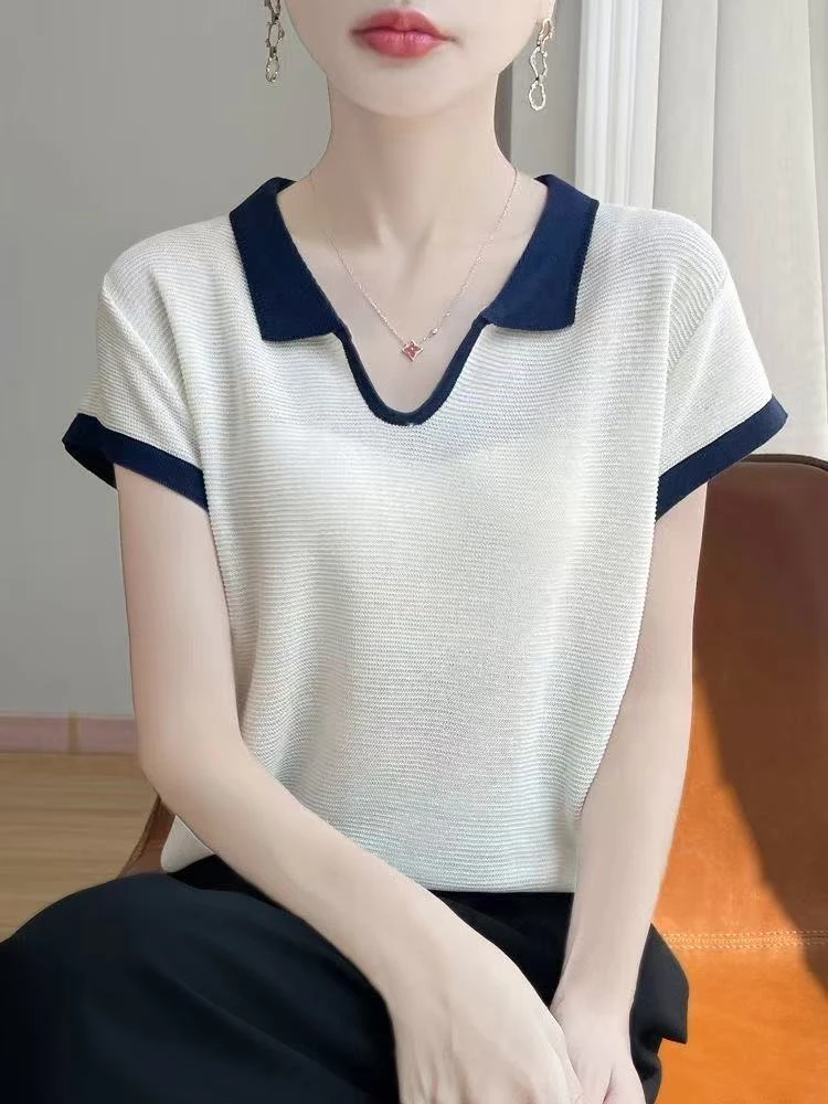 莱赛尔法式polo领撞色针织短袖上衣女2025夏季时尚百搭设计感小众
