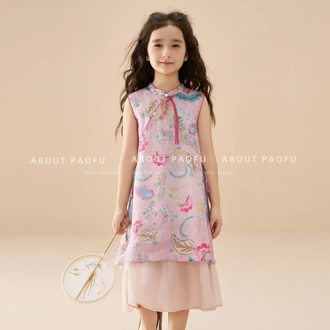【腰果】泡芙定制 新款100苎麻42支女童国风连衣长裙 DY1250707