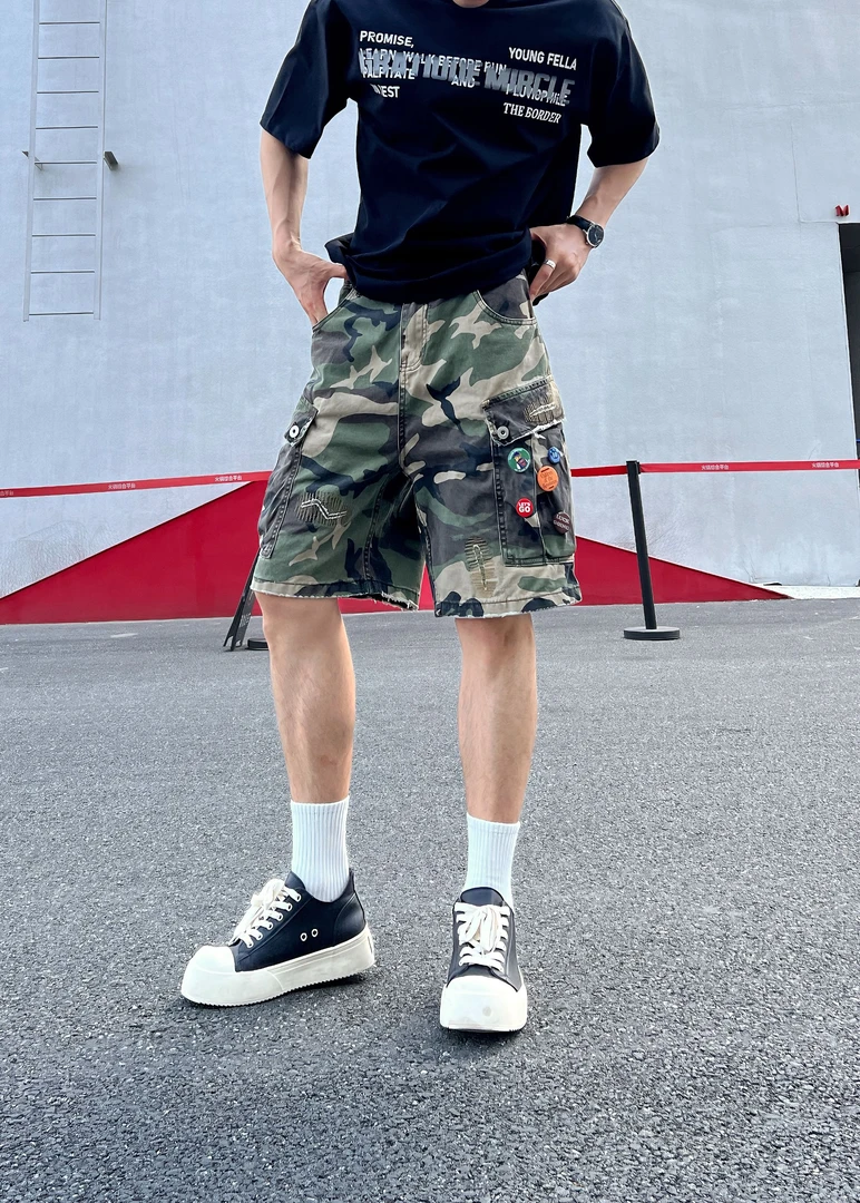 LUCHONG 美式重磅迷彩工装短裤 复古水洗廓版做旧休闲五分裤男女