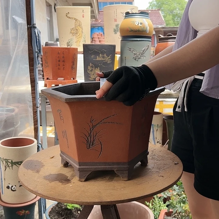 宜兴紫砂花盆32红六方