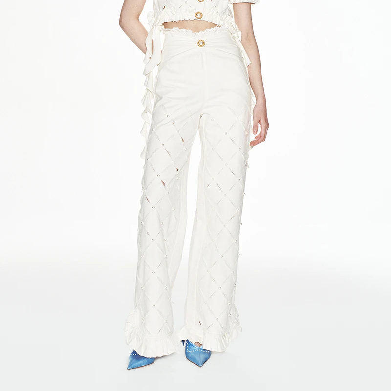 【黄蓉推荐】LE FAME/拉飞姆白色镂空破洞牛仔米色长裤收腰阔腿裤