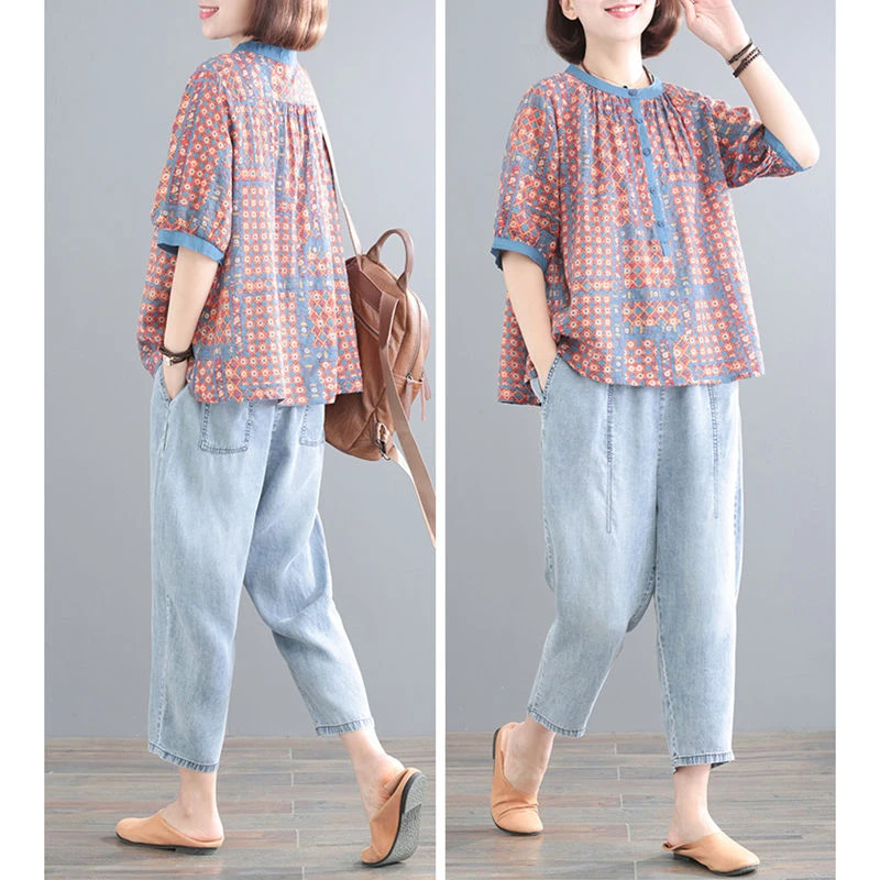 单套装 宽松大码减龄印花复古休闲时尚牛仔裤套装女夏显瘦洋气