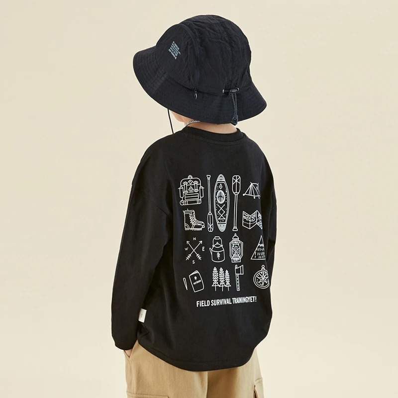 多多家9100【100棉.露营T】中大童春秋露营图案水印印花休闲长袖T恤