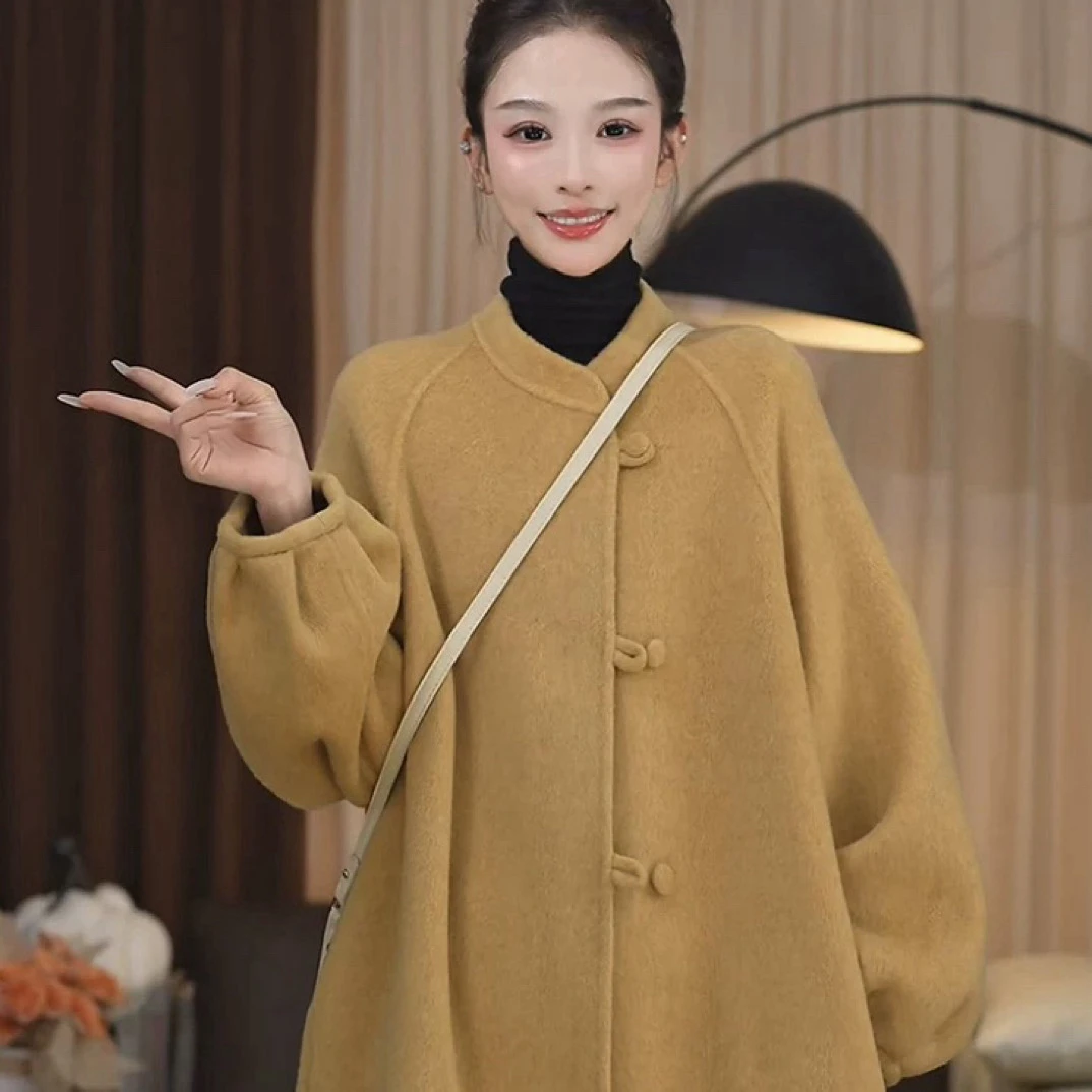 新中式简约立领时尚百搭长款秋冬双面羊毛大衣